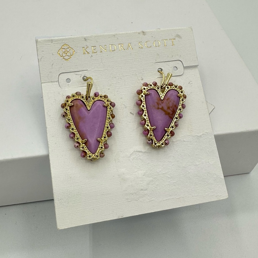 Kendra Scott Beaded Ansley Heart Drop Earrings in Gold Lilac Phosphate NWT - Picture 2 of 9